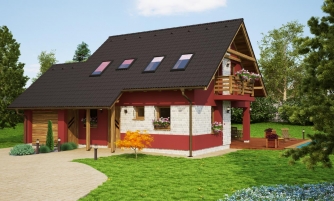 Small house with a gable roof and a garage.